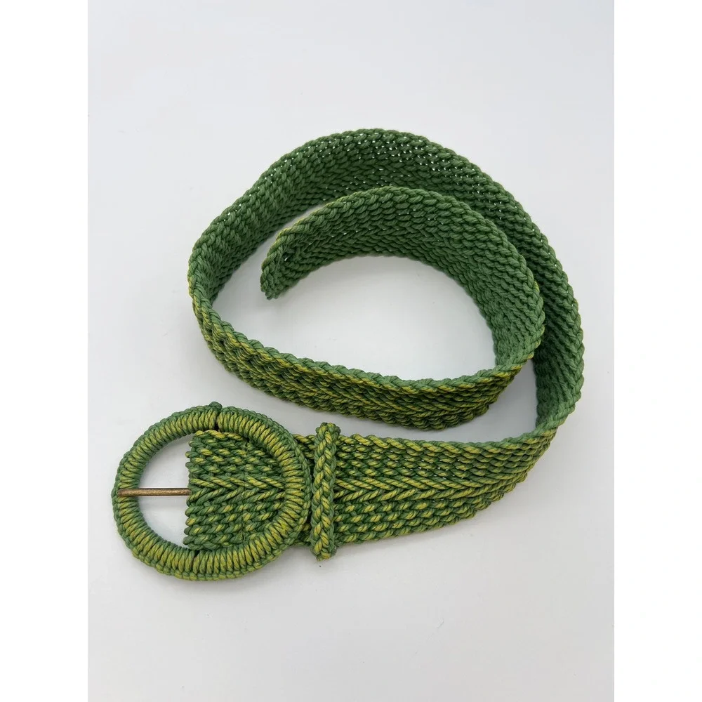 COLDWATER CREEK Macrame Woven Belt Women S/M Green Braided Cotton Round Buckle